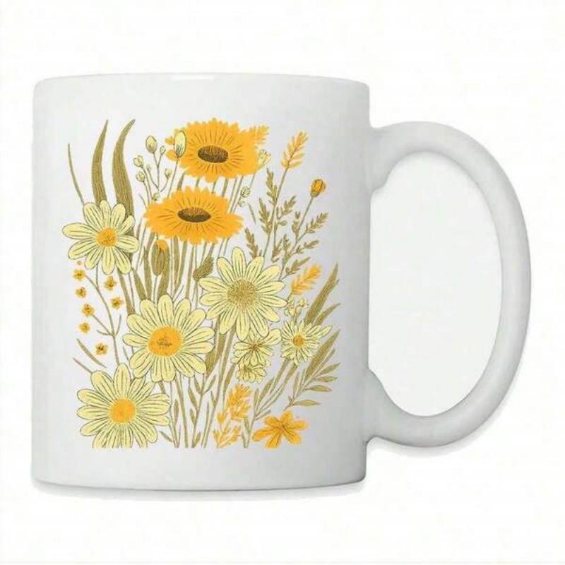 Tailorly White Ceramic 11 oz Mug - Vibrant Yellow Petals With Green Leaves Blooming In Summer Sunshine Flower