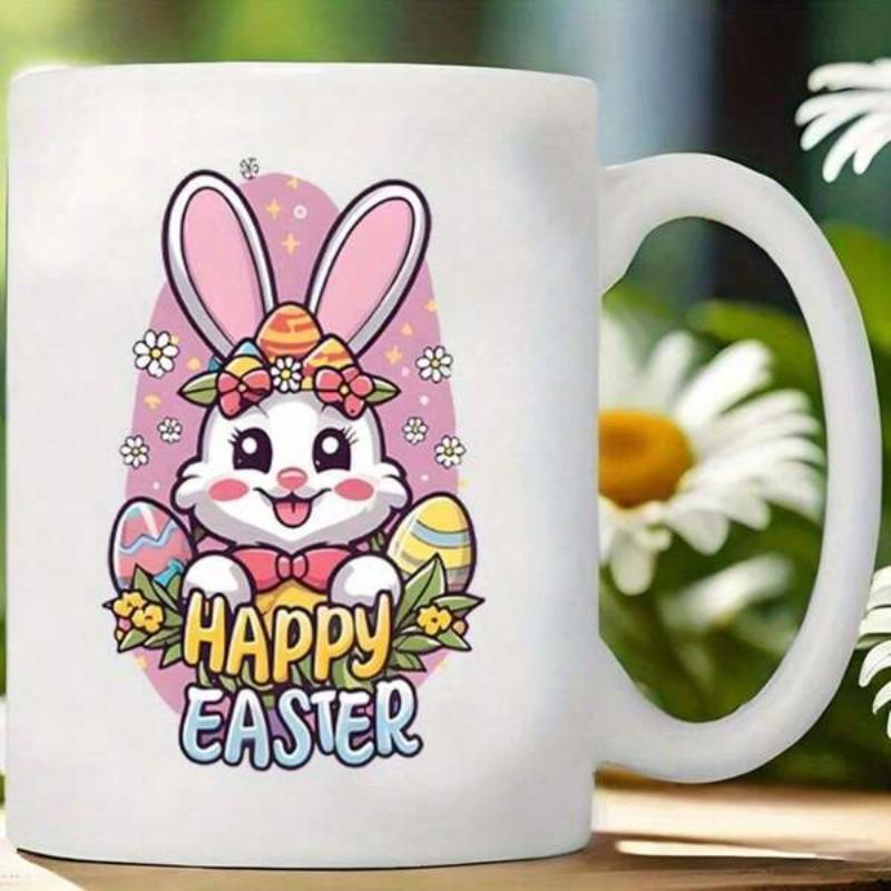 Tailorly White Ceramic 11 oz Mug - Happy Easter Cute White Bunny Wearing Flower Crown Among Painted Easter Eggs Rabbit