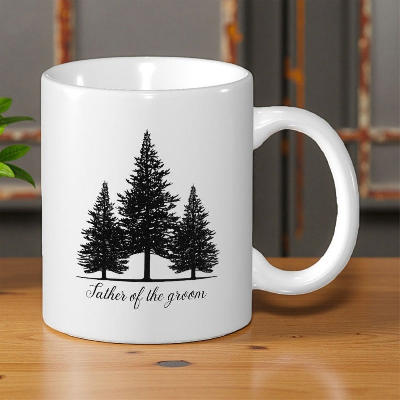 Tailorly White Ceramic 11 oz Mug - Father Of The Groom Three Black Silhouettes Standing Tall In A Rustic Outdoor Forest Tree