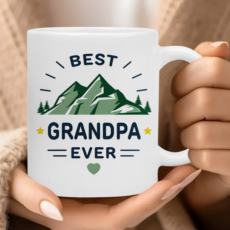 Tailorly White Ceramic 11 oz Mug - Best Grandpa Ever Majestic Green Peaks Surrounded By Pine Trees Under Radiating Sun Lines Mountain