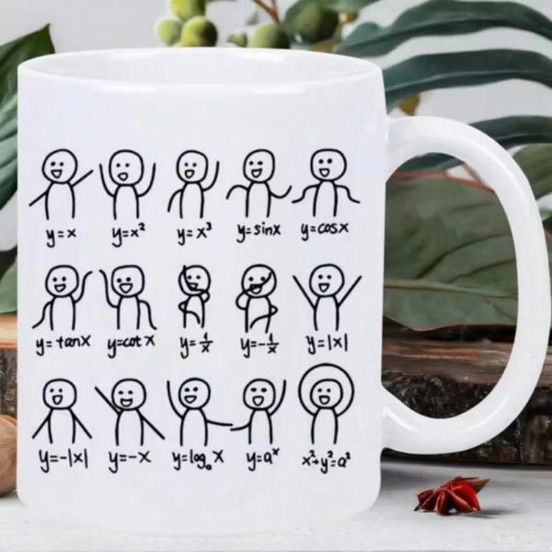 Tailorly White Ceramic 11 oz Mug - Playful Educational Stick Figures Illustrating Various Mathematical Function Graph Poses Person