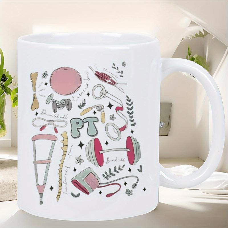 Tailorly White Ceramic 11 oz Mug - PT Various Pink And Teal Physical Therapy Tools With Anatomical Spine Details Mug