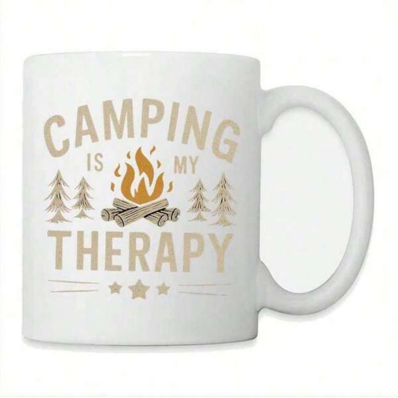 Tailorly White Ceramic 11 oz Mug - Camping Is My Therapy Tall Evergreen Trees Surrounding A Warm Glowing Rustic Outdoor Campfire