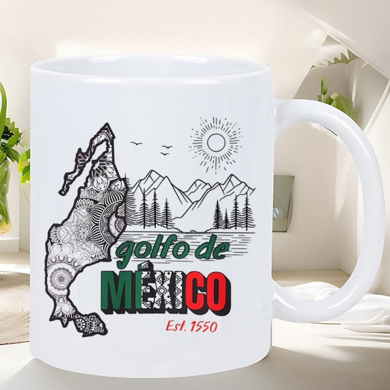 Tailorly White Ceramic 11 oz Mug - Mexico Est 1550 Artistic Mandala Pattern Over Mountain Landscape With Glowing Radiant Sun Map