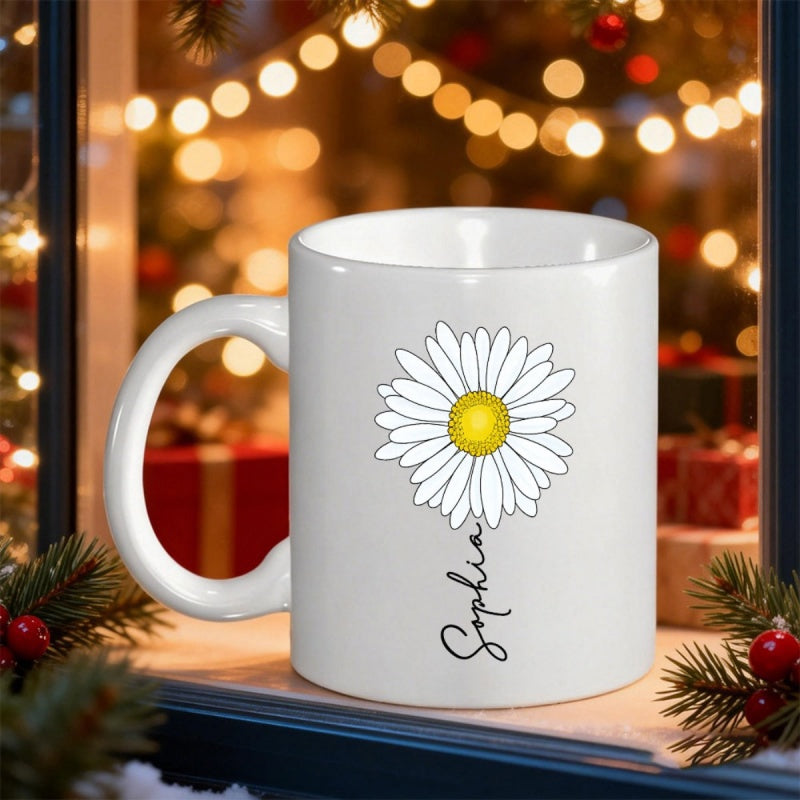 Tailorly White Ceramic 11 oz Mug - Sophia Delicate Blooming White Petals Around A Bright Yellow Center Daisy