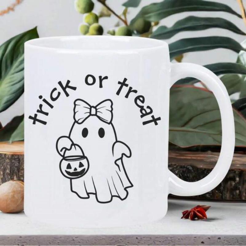 Tailorly White Ceramic 11 oz Mug - Trick Or Treat Adorable Halloween Figure With Bow Holding Jack O Lantern Ghost
