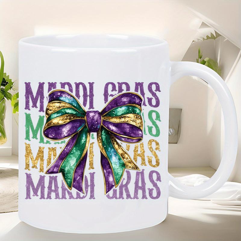 Tailorly White Ceramic 11 oz Mug - Mardi Gras Ornate Purple Green And Gold Glittery Ribbon Tied In A Decorative Festive Bow