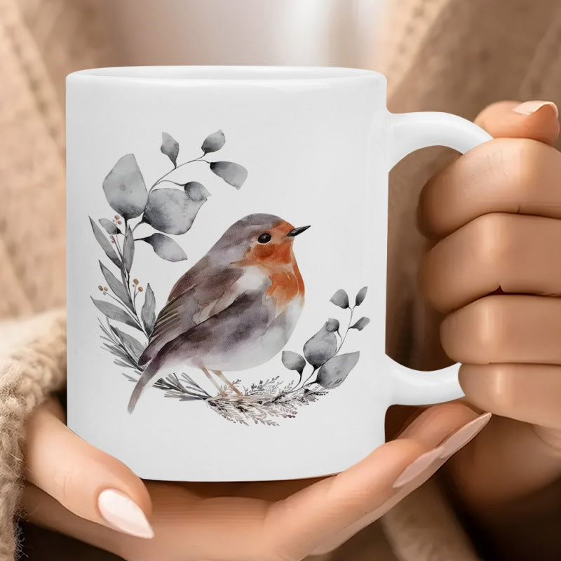Tailorly White Ceramic 11 oz Mug - Elegant Watercolor Style Perched On Delicate Grey Eucalyptus Leaves And Branches Robin