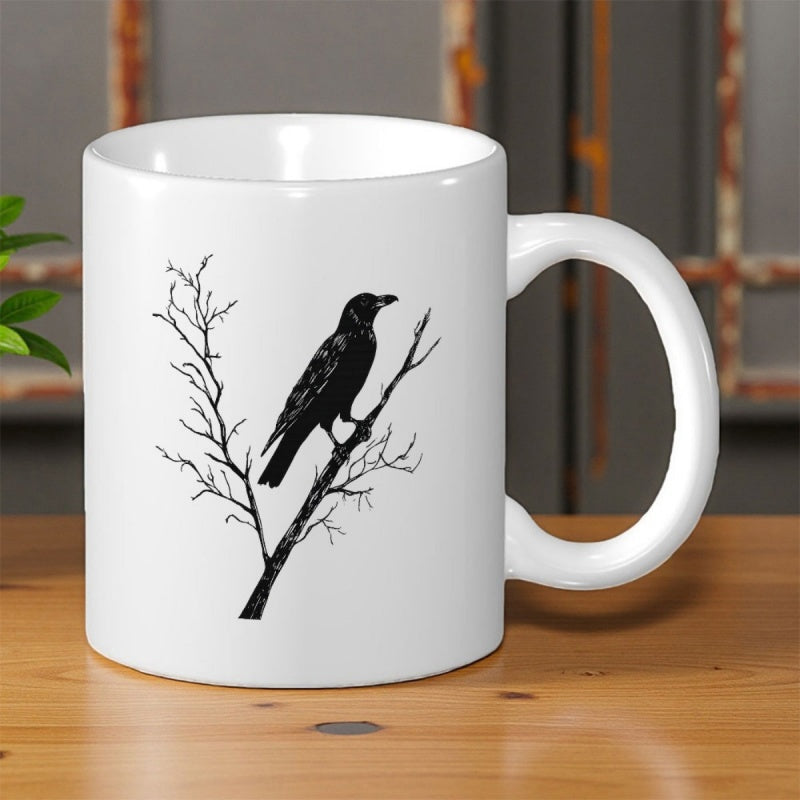 Tailorly White Ceramic 11 oz Mug - Silhouette Of A Black Bird Perched On Bare Wintry Branches Crow