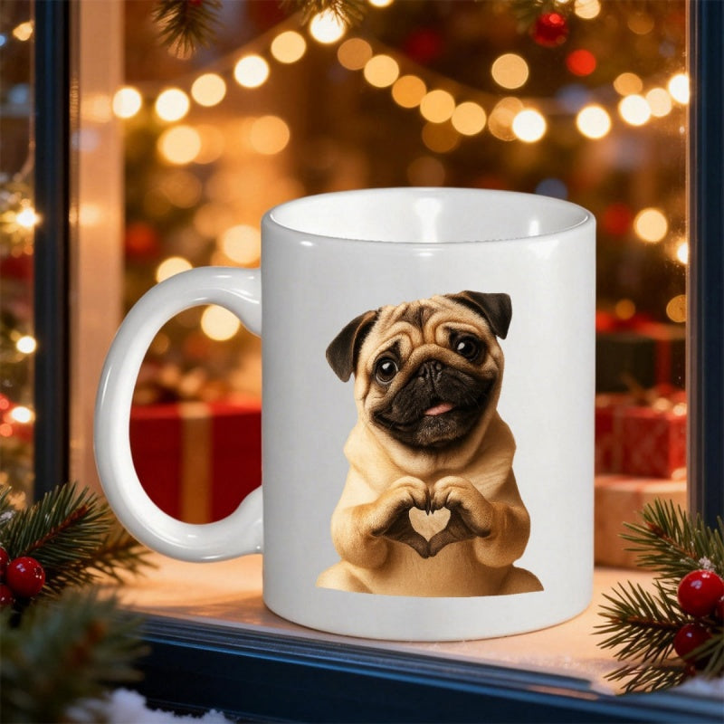 Tailorly White Ceramic 11 oz Mug - Cute Wrinkled Face Puppy Making Sweet Heart Symbol With Paws Tiny Pet Pug