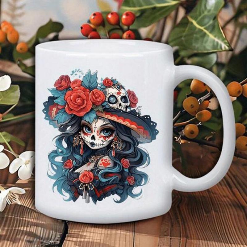 Tailorly White Ceramic 11 oz Mug - Elegant Sugar Skull Girl Wearing Floral Hat Among Vibrant Red Roses Calavera