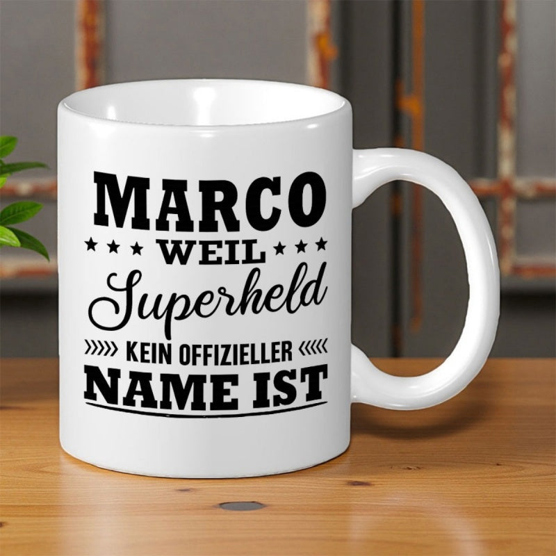 Tailorly White Ceramic 11 oz Mug - Stylized Black Lettering With Decorative Stars And Arrow Patterns