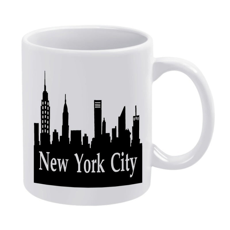 Tailorly White Ceramic 11 oz Mug - New York City Bold Black Architectural Landmark Building Silhouette Standing High Over Dark Base Skyline
