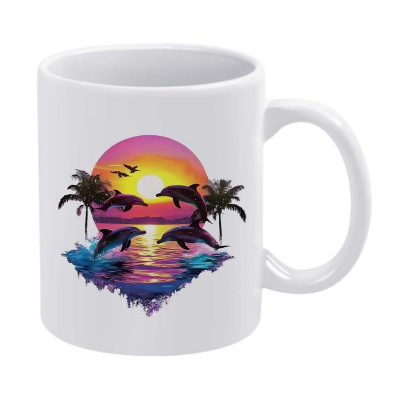 Tailorly White Ceramic 11 oz Mug - Vibrant Tropical Sunset Reflecting On Ocean Waves With Majestic Jumping Dolphin