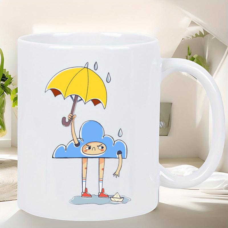 Tailorly White Ceramic 11 oz Mug - Cute Whimsical Blue Cloud Character Holding Yellow Umbrella In Raindrops Cloud