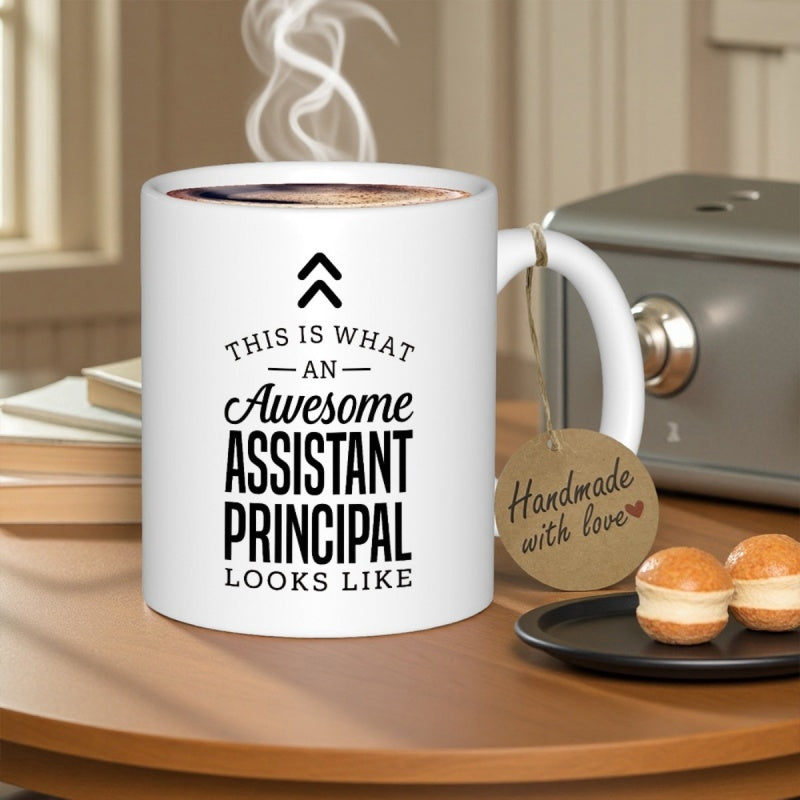 Tailorly White Ceramic 11 oz Mug - This Is What An Awesome Assistant Principal Looks Like Minimalist Double Chevron Icon Above Stacked Bold Decorative Script Black