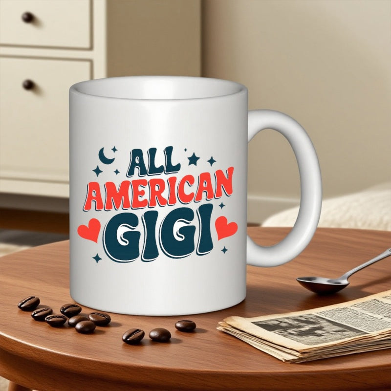 Tailorly White Ceramic 11 oz Mug - All American Gigi Patriotic Retro Style With Hearts And Stars On A Ceramic Mug
