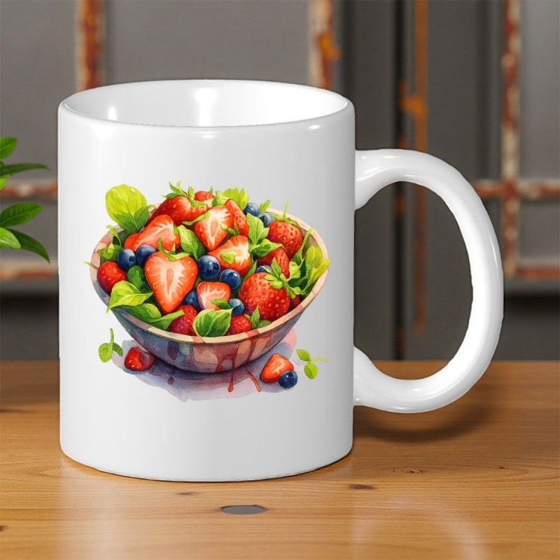 Tailorly White Ceramic 11 oz Mug - Vibrant Red Strawberries Nestled With Blueberries And Green Leaves Inside Ceramic Bowl