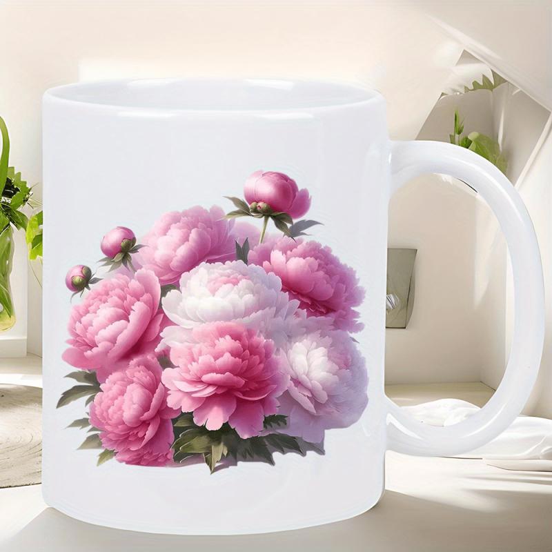 Tailorly White Ceramic 11 oz Mug - Blooming Vibrant Pink Petals With Delicate Green Leaves Arranged In A Lush Peony