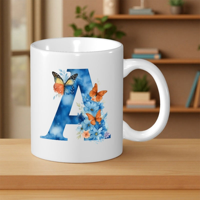 Tailorly White Ceramic 11 oz Mug - A Blue Watercolor Texture With Elegant Flowers And Graceful Orange Butterflies Letter A
