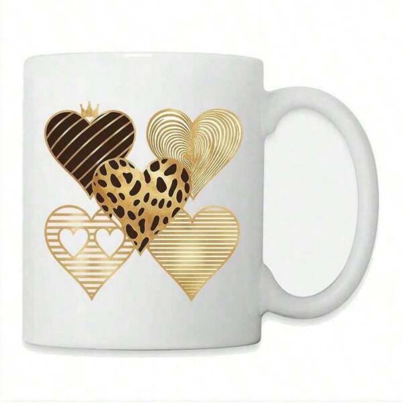 Tailorly White Ceramic 11 oz Mug - Elegant Golden Leopard Print And Striped Textures Decorated Group Of Hearts