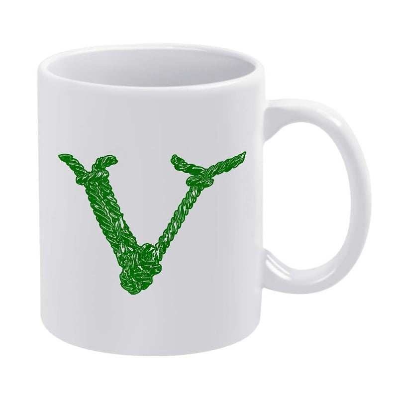 Tailorly White Ceramic 11 oz Mug - Intricately Twisted Green Braided Rope Formed Into A Majestic Bold V