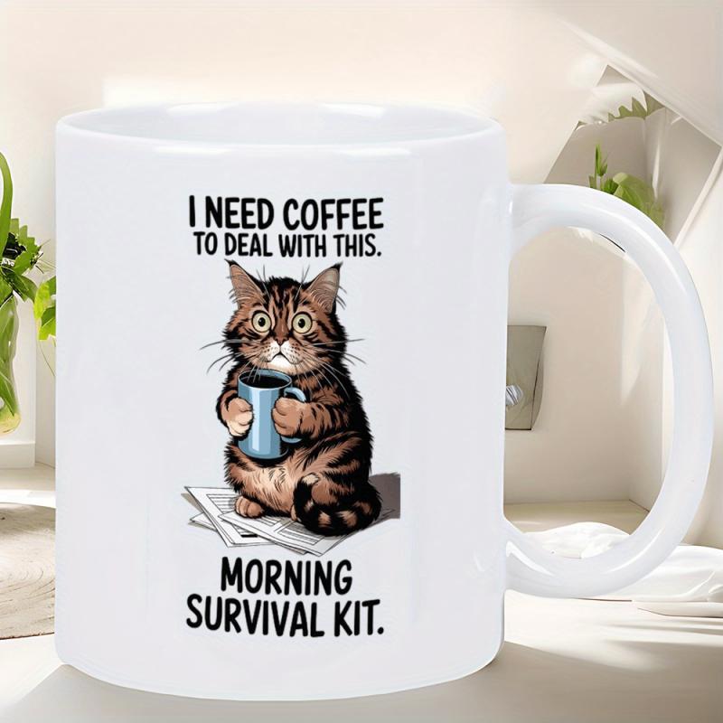 Tailorly White Ceramic 11 oz Mug - I Need Coffee To Deal With This Morning Survival Kit Adorable Tabby Cat Holding Blue Mug Sitting On Papers Morning Routine Cat