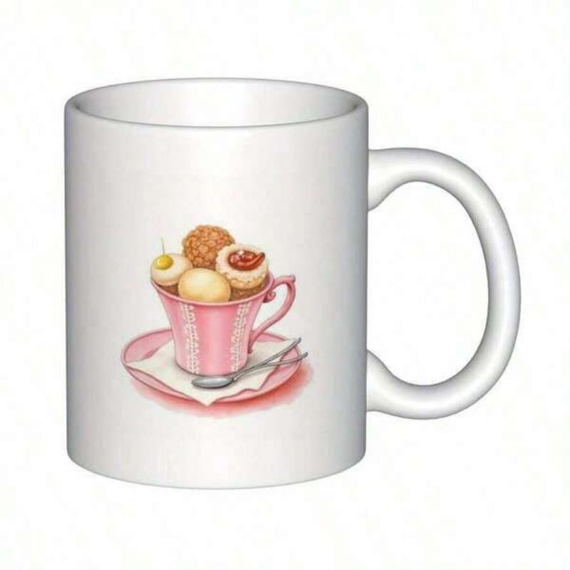 Tailorly White Ceramic 11 oz Mug - Elegant Pink Teacup Resting On Saucer Filled With Hand Painted Assorted Sweets