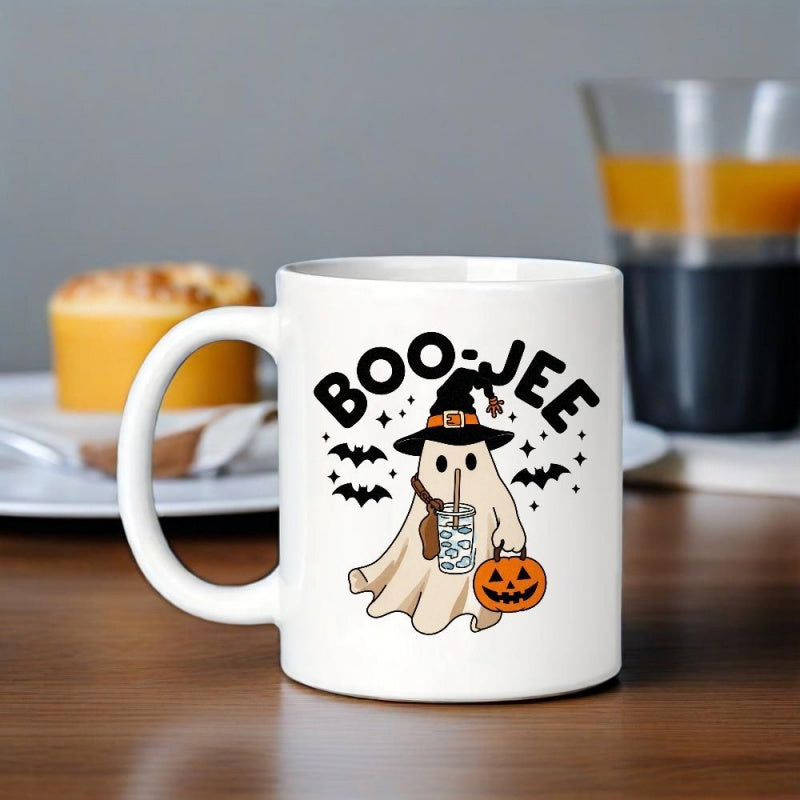 Tailorly White Ceramic 11 oz Mug - Boo Jee Adorable Cartoon Witch Holding A Pumpkin Bucket Among Bats Ghost