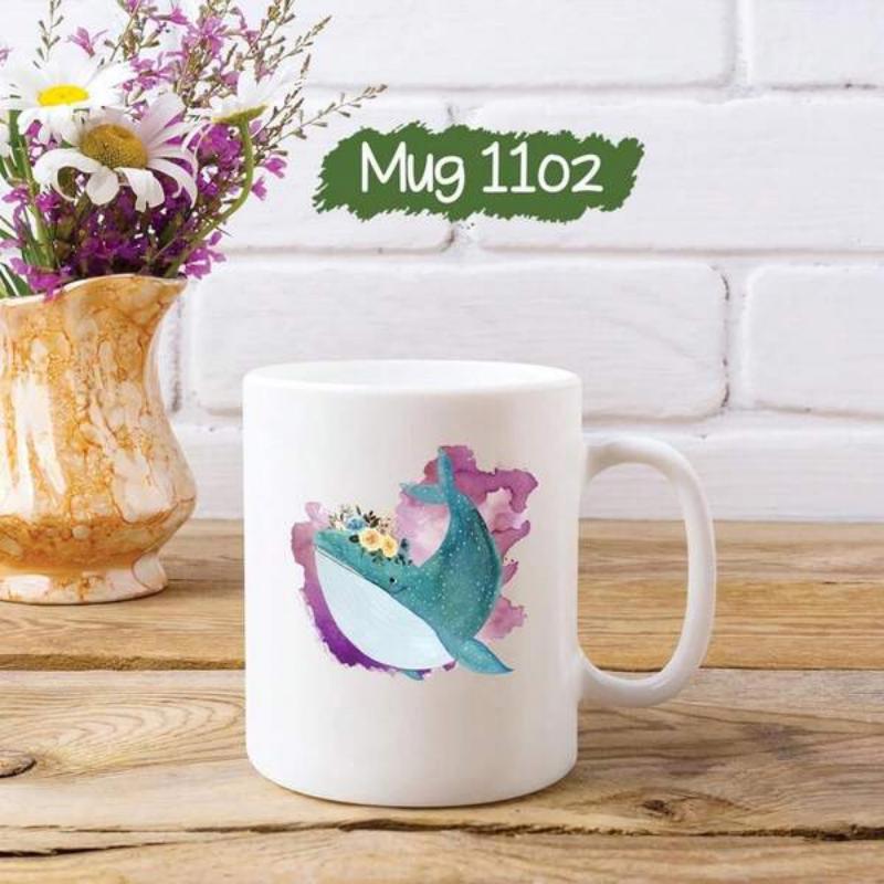 Tailorly White Ceramic 11 oz Mug - Artistic Watercolor Illustration Of Whale Swimming Among Purple Floral Clouds Whale