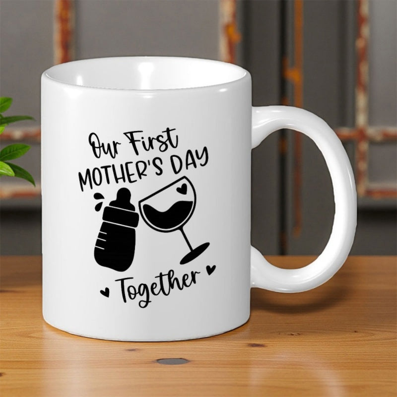 Tailorly White Ceramic 11 oz Mug - Our First Mother's Day Together Baby Bottle And Wine Glass Clinking Together With Small Decorative Hearts Mug