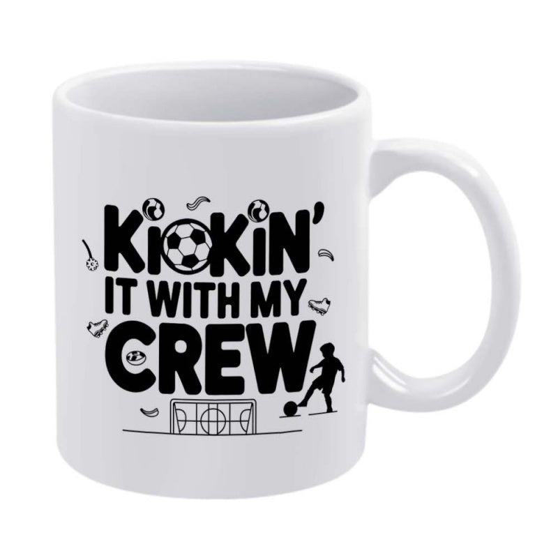 Tailorly White Ceramic 11 oz Mug - Kickin It With My Crew Playful Bold Lettering Surrounded By Active Sports Theme Elements Soccer Ball