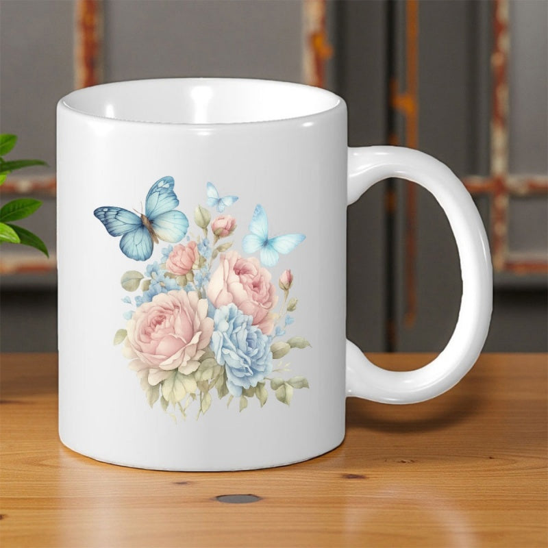 Tailorly White Ceramic 11 oz Mug - Elegant Watercolor Flowers And Delicate Blue Wings Fluttering Around Floral Butterfly