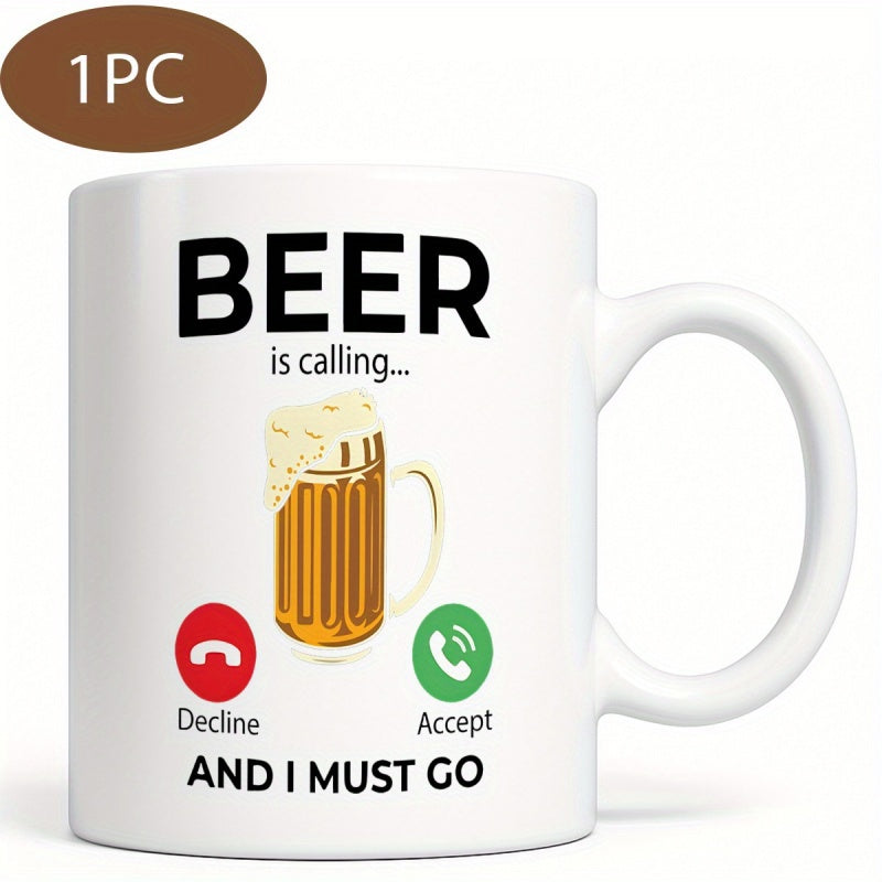 Tailorly White Ceramic 11 oz Mug - Beer Is Calling Decline Accept And I Must Go Foamy Cold Glass Of Beer Between Phone Interface Icons Mug