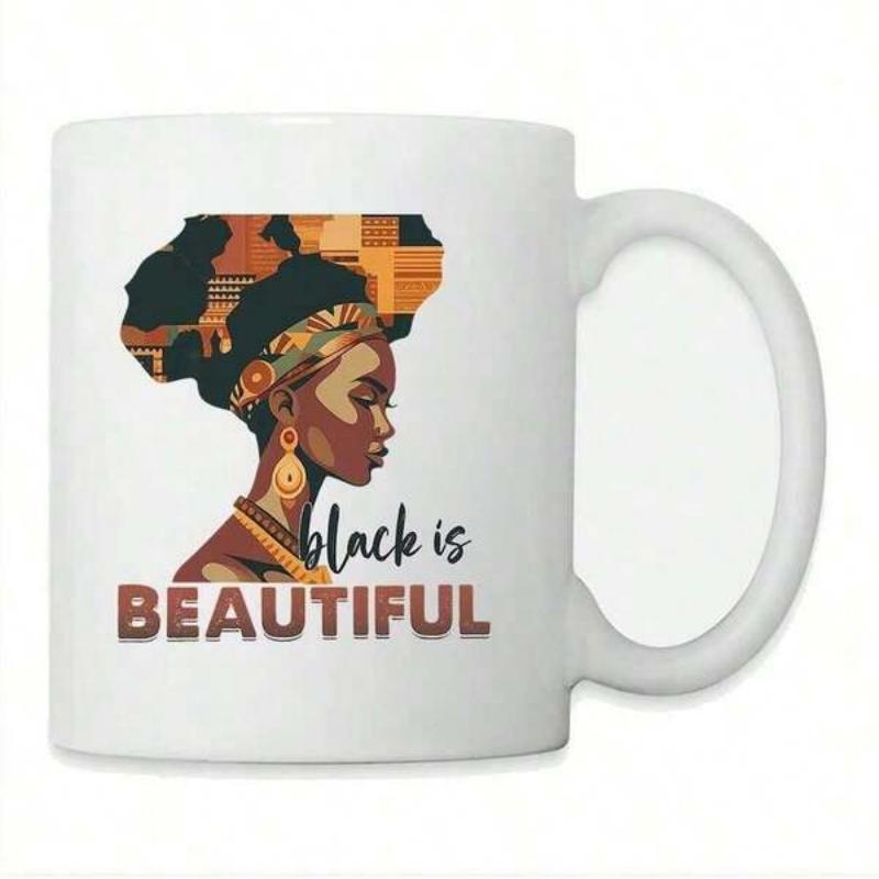 Tailorly White Ceramic 11 oz Mug - Black Is Beautiful Elegant Profile Featuring Traditional Patterns And Decorative Gold Jewelry Woman
