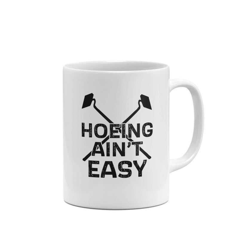Tailorly White Ceramic 11 oz Mug - Hoeing Ain't Easy Minimalist Black Silhouette Of Two Crossed Garden Gardening Tool