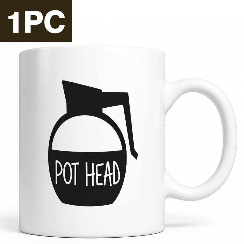 Tailorly White Ceramic 11 oz Mug - Pot Head Minimalist Black Coffee Pot Silhouette With Simple Hand Drawn White Text Pot
