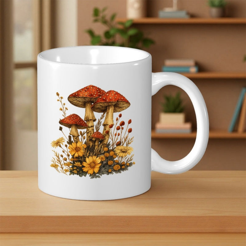 Tailorly White Ceramic 11 oz Mug - Vintage Botanical Illustration With Wildflowers And Graceful Red Cap Forest Mushroom