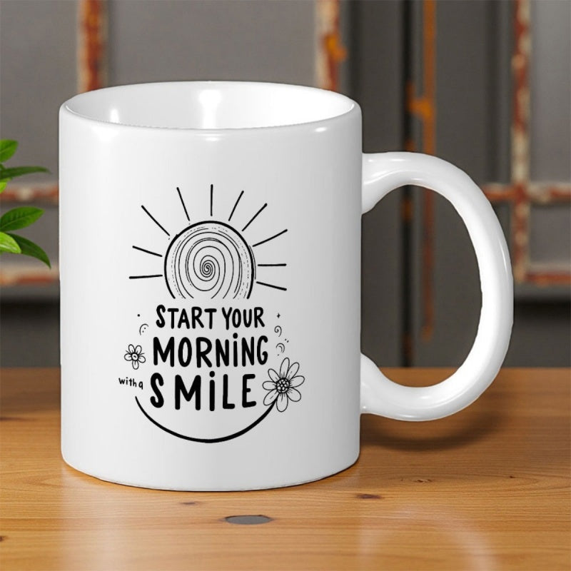 Tailorly White Ceramic 11 oz Mug - Start Your Morning With A Smile Minimalist Black Line Art Featuring Radiating Rays And Hand Drawn Flowers Sun