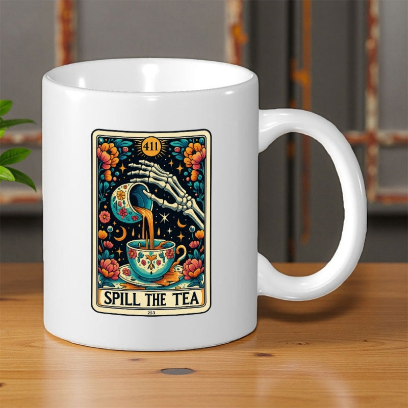Tailorly White Ceramic 11 oz Mug - Spill The Tea Mystical Tarot Card Design Featuring Celestial Moon Pouring Magic Water Skeleton