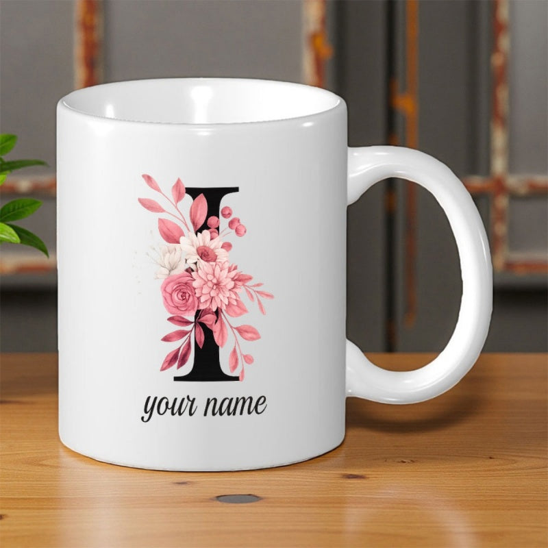Tailorly White Ceramic 11 oz Mug - Your Name Elegant Blooming Pink Roses Surrounding A Large Serif Black Initial