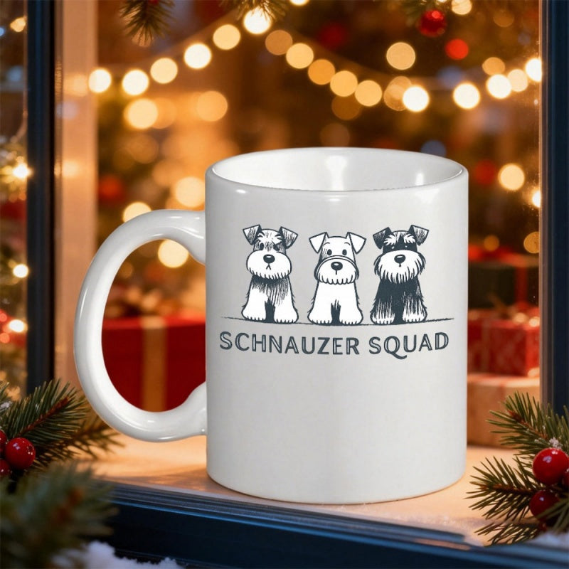 Tailorly White Ceramic 11 oz Mug - Schnauzer Squad Three Cute Hand Drawn Cartoon Dogs Sitting Side By Side Schnauzer