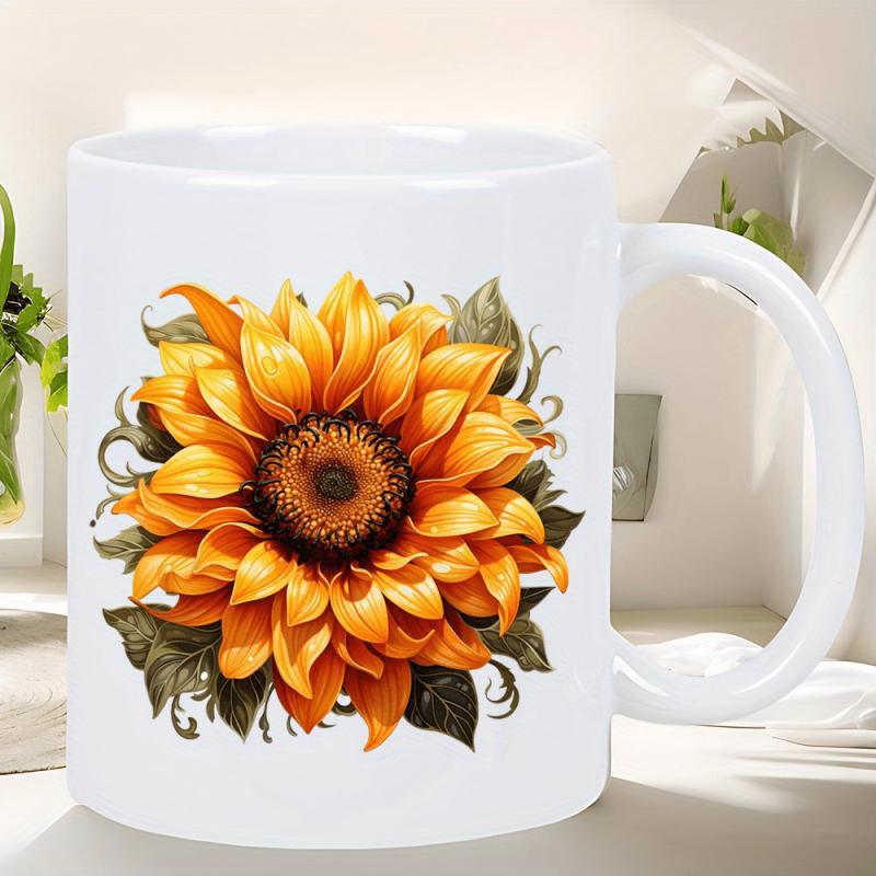 Tailorly White Ceramic 11 oz Mug - Vibrant Golden Yellow Petals Among Lush Green Leaves Blooming Beautiful Sunflower