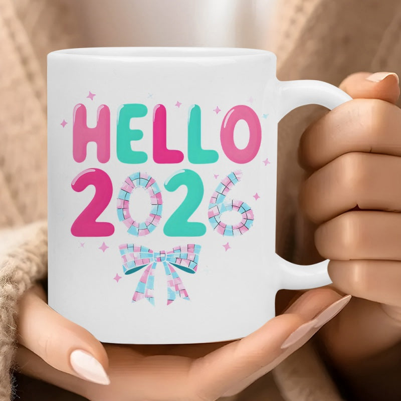Tailorly White Ceramic 11 oz Mug - Hello 2026 Vibrant Bubble Letters With Checkered Ribbon Accents And Twinkling Stars Mug