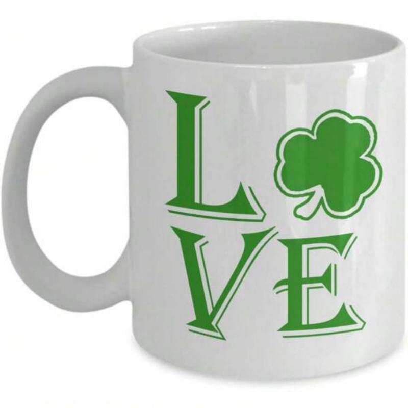 Tailorly White Ceramic 11 oz Mug - Love Green Shamrock With Artistic Serif Typography Arranged In Square Pattern Shamrock