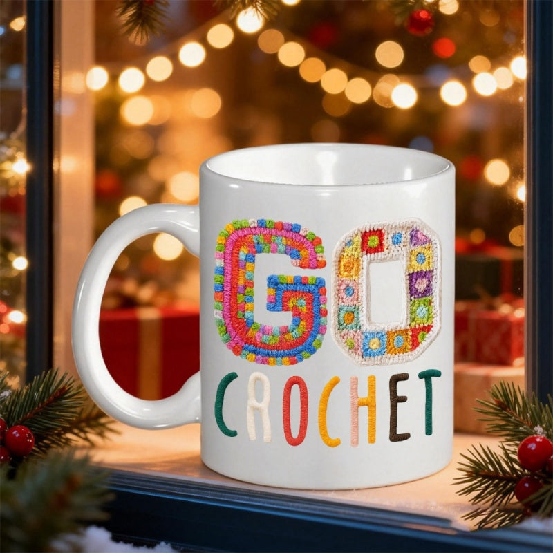 Tailorly White Ceramic 11 oz Mug - Go Crochet Colorful Vibrant Granny Square Patterns With Textured Knitting Style Pattern