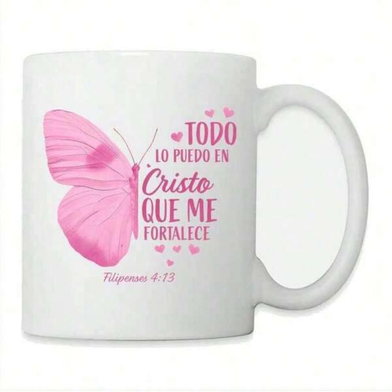 Tailorly White Ceramic 11 oz Mug - Graceful Pink Winged Insect Flying Among Decorative Heart Shaped Accents Butterfly