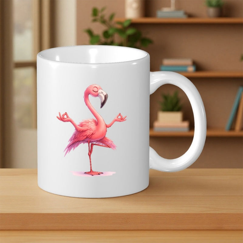 Tailorly White Ceramic 11 oz Mug - Graceful Pink Bird Balancing In Meditative Yoga Pose Within Serene Space Flamingo