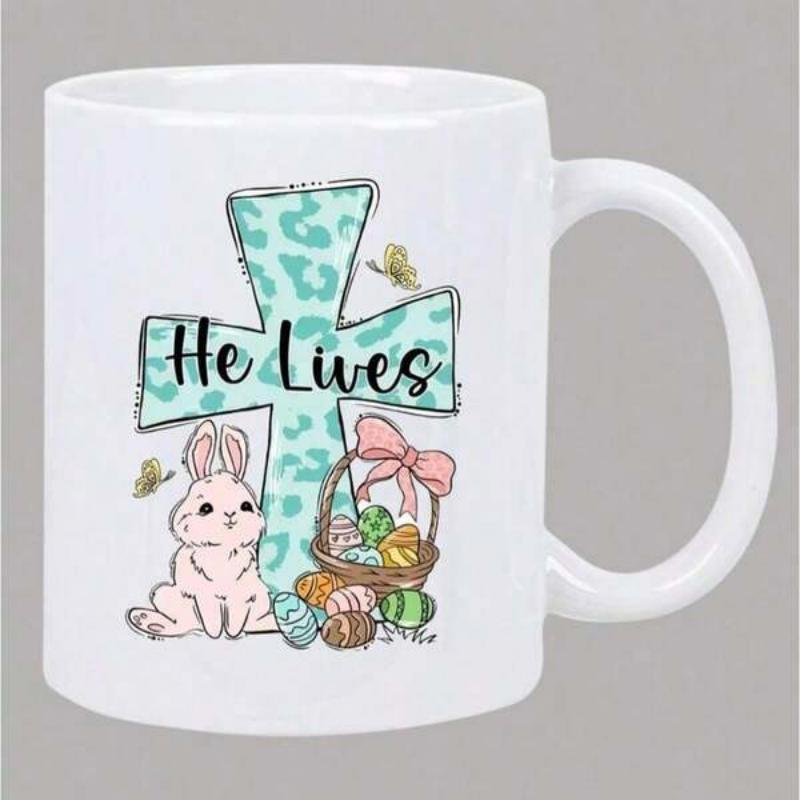Tailorly White Ceramic 11 oz Mug - He Lives Teal Leopard Print Pattern Featuring Cute Pink Bunny And Easter Basket Cross