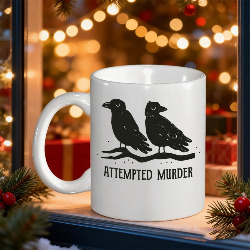Tailorly White Ceramic 11 oz Mug - Attempted Murder Two Minimalist Black Crows Perched Peacefully Together On A Branch Crow